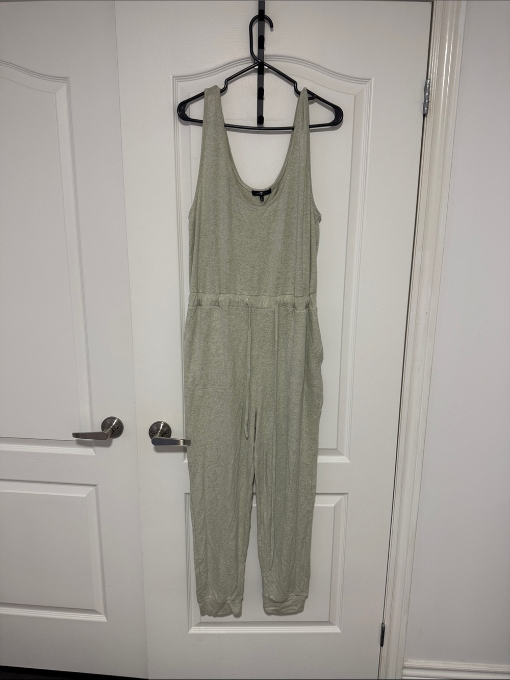 7 For All Mankind Sleeveless Drawstring Jumpsuit in Light Sage - Picture 2 of 6